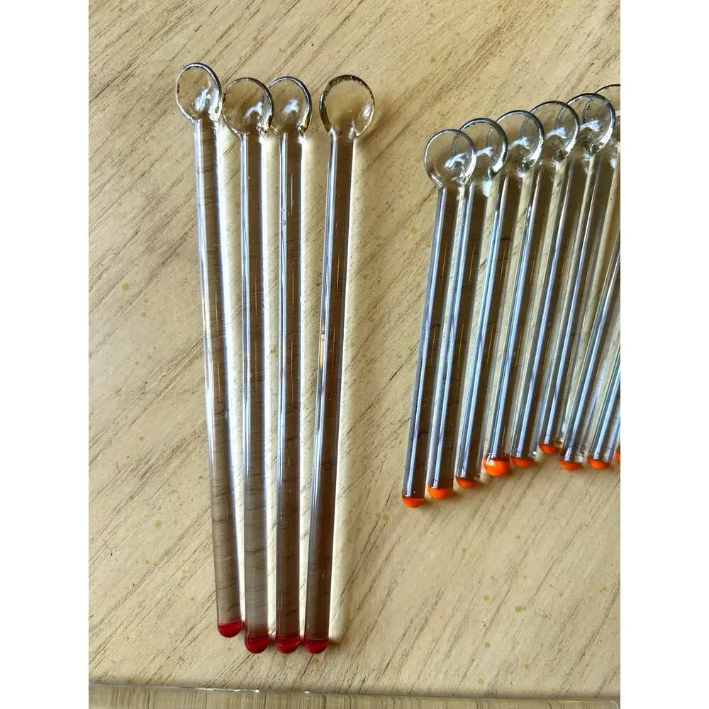 Vintage Glass Cocktail Stirrers Scoop Stir Stick 37 Set Long Red & Orange Tipped